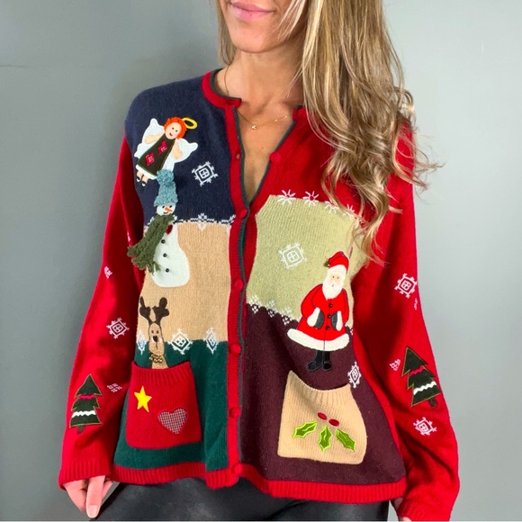 🎄 Vintage Embroidered Color Block Christmas Cardigan Sweater with Pockets - Picture 2 of 3
